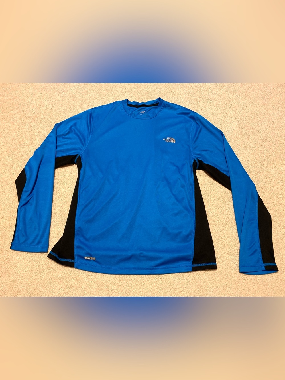 The North Face vaporwick mens long sleeve blue black athletic shirt, size small